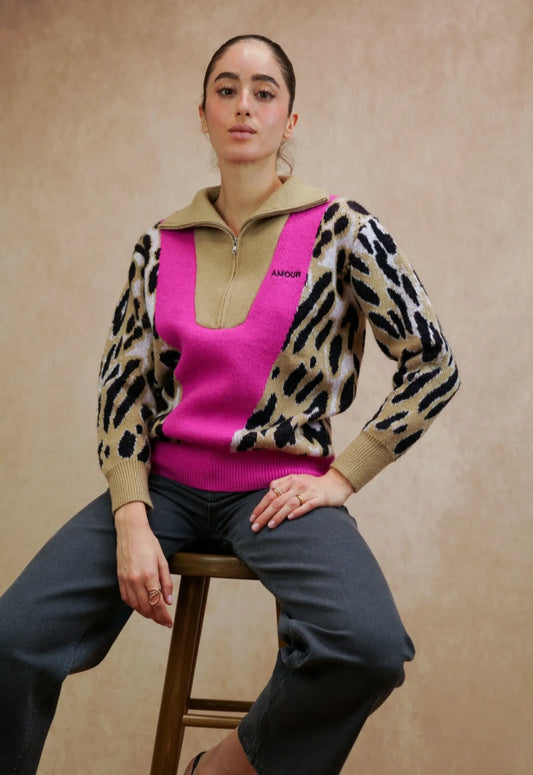Leopard & Neon Quarter-Zip "Amour" Knit