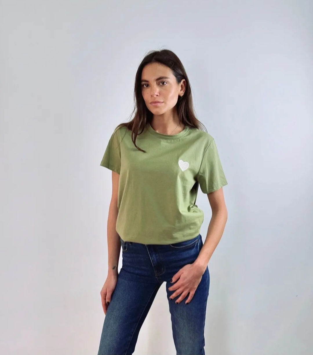 Heart Embroidered Cotton Tee – Sage Green
