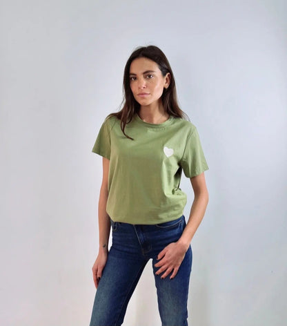 Heart Embroidered Cotton Tee – Sage Green