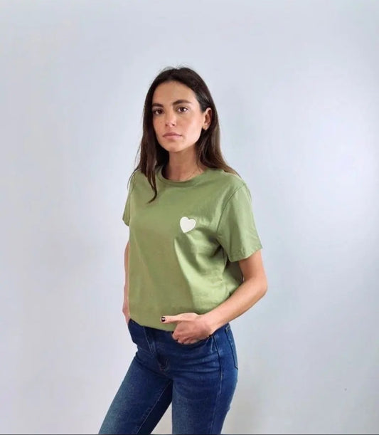 Heart Embroidered Cotton Tee – Sage Green
