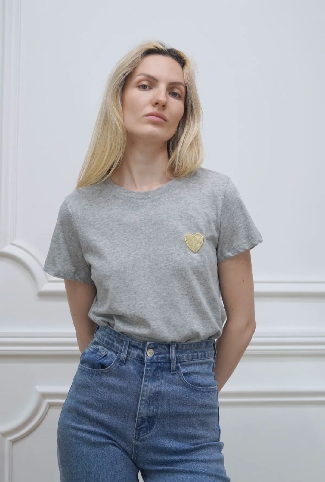 Heart Embroidered Cotton Tee – Heather Grey