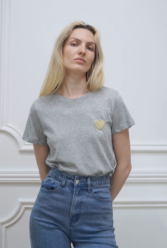 Heart Embroidered Cotton Tee – Heather Grey