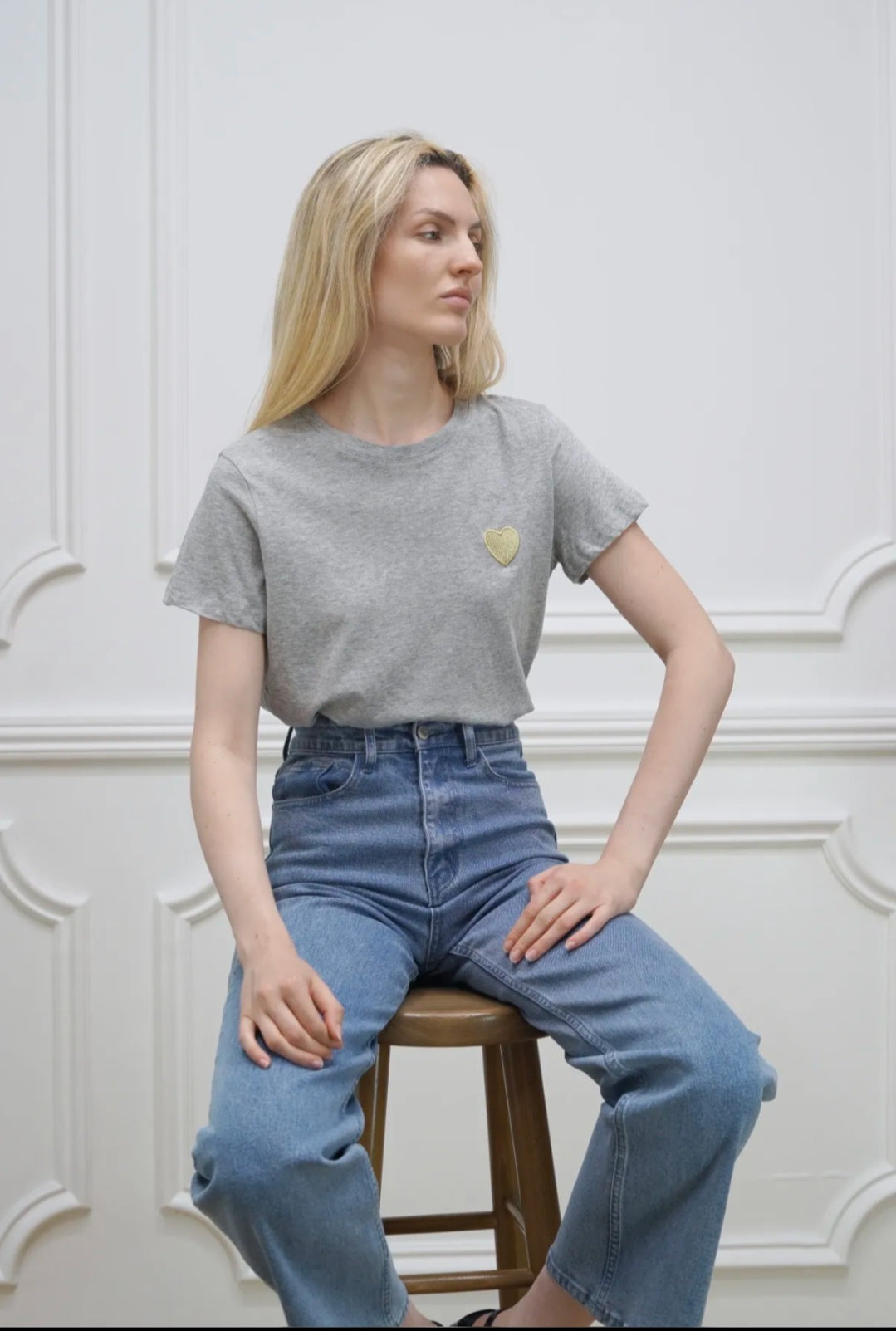 Heart Embroidered Cotton Tee – Heather Grey
