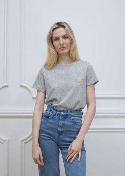 Heart Embroidered Cotton Tee – Heather Grey