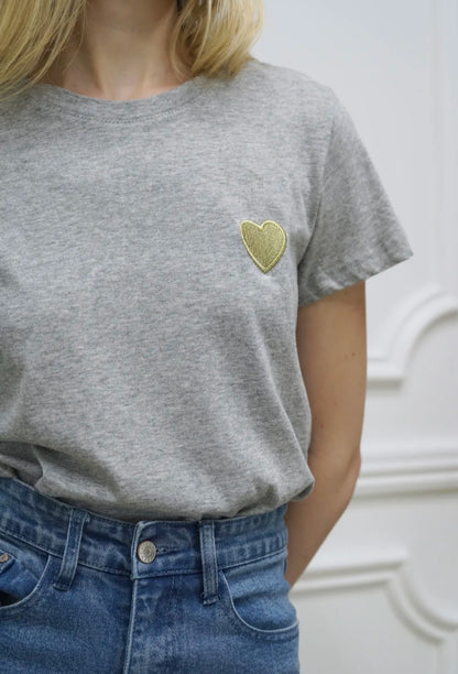 Heart Embroidered Cotton Tee – Heather Grey