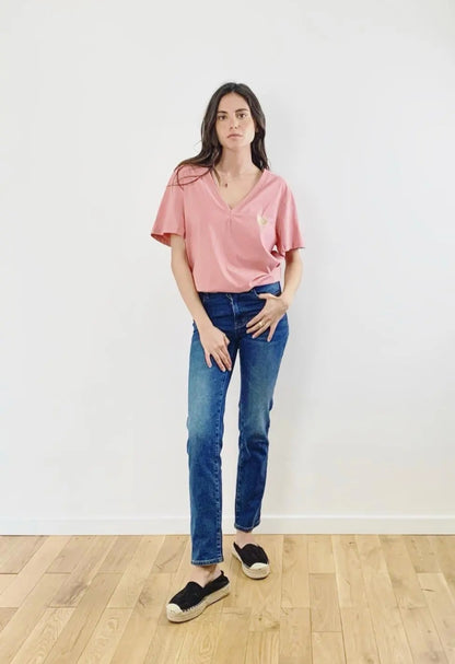 Heart Embroidered V-Neck Cotton Tee – Dusty Pink