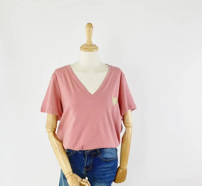 Heart Embroidered V-Neck Cotton Tee – Dusty Pink