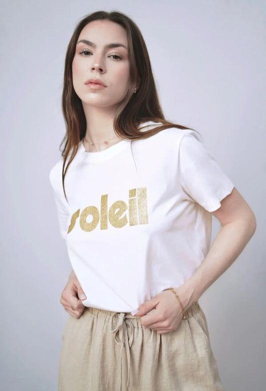 Gold Glitter "Soleil" Cotton Tee- Bright White
