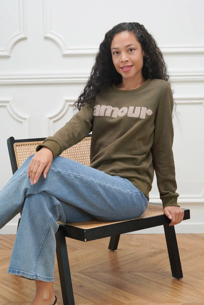 "Amour" Textured Sweatshirt- Khaki & Beige