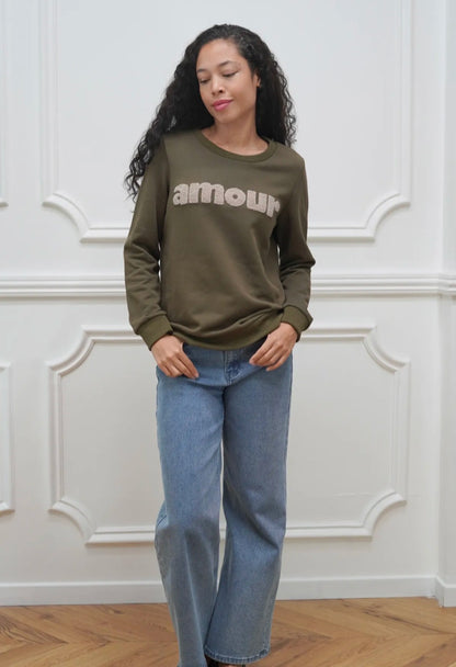 "Amour" Textured Sweatshirt- Khaki & Beige