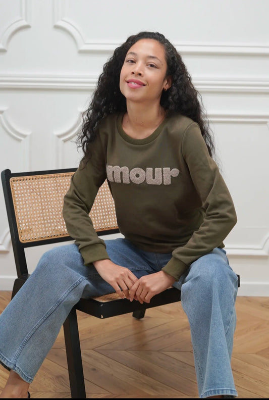 "Amour" Textured Sweatshirt- Khaki & Beige