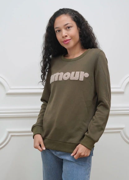 "Amour" Textured Sweatshirt- Khaki & Beige