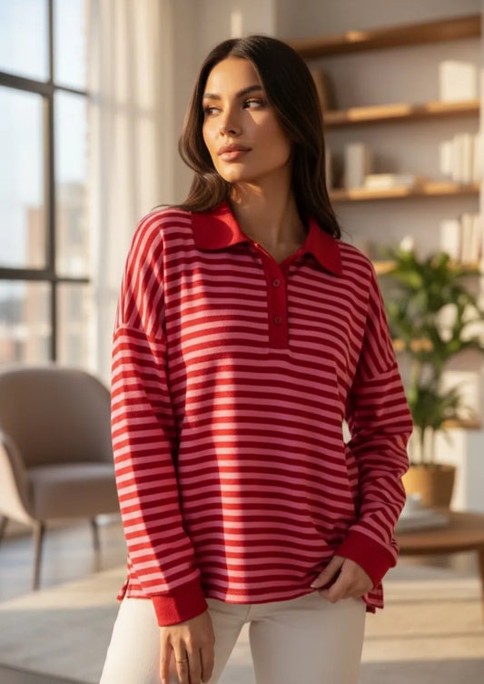 Striped Rugby Shirt in Pink and Red