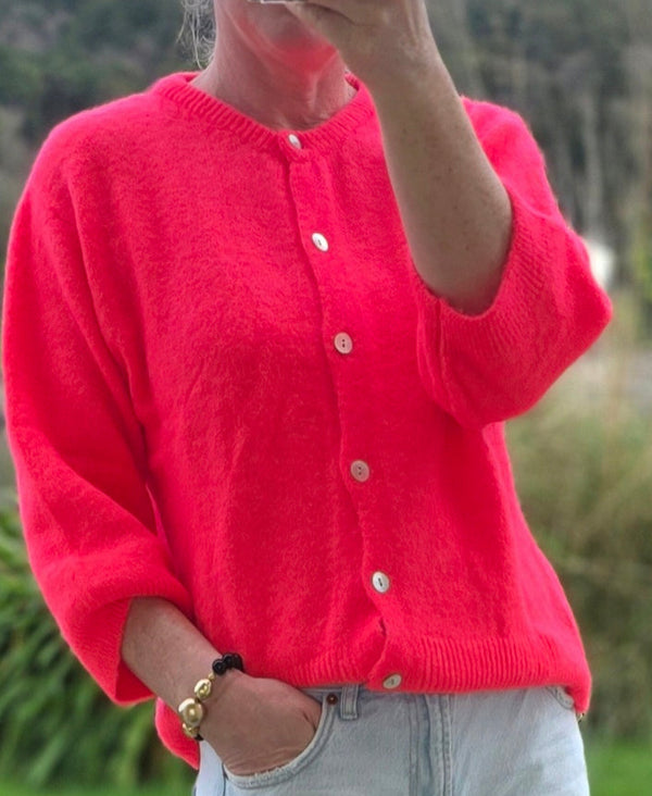 Lux Knit| Neon Coral Cardigan 3/4 sleeve in Superfine Alpaca & Wool Blend