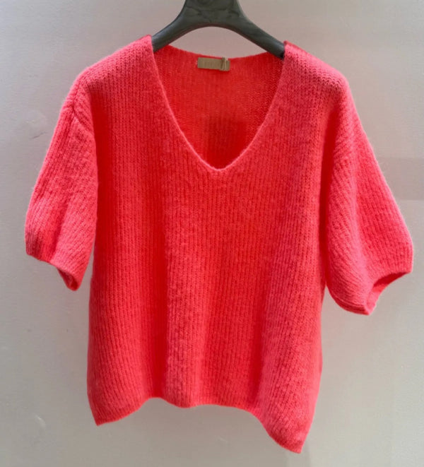 Neon Coral Mohair and Alpaca Mix V Neck ribbed knit. Short sleeves