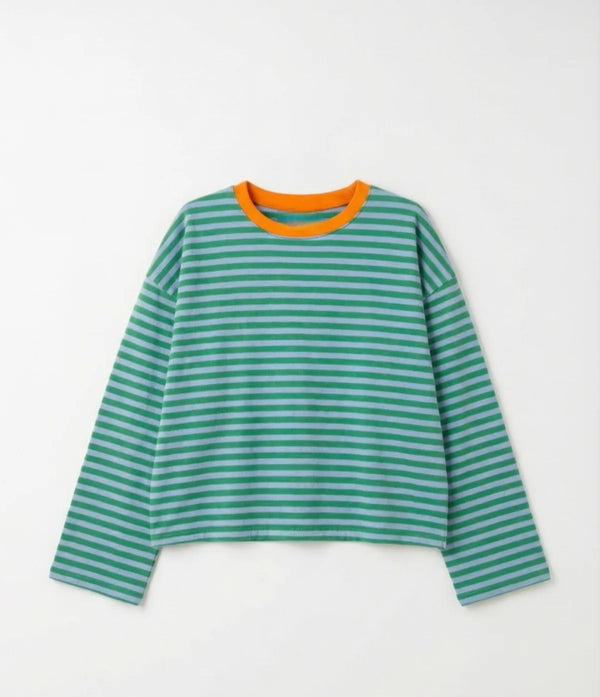 Pure Cotton Green Striped Light Sweater with Orange Trim