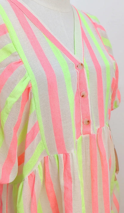 Neon Stripe Puff Sleeve Maxi Dress
