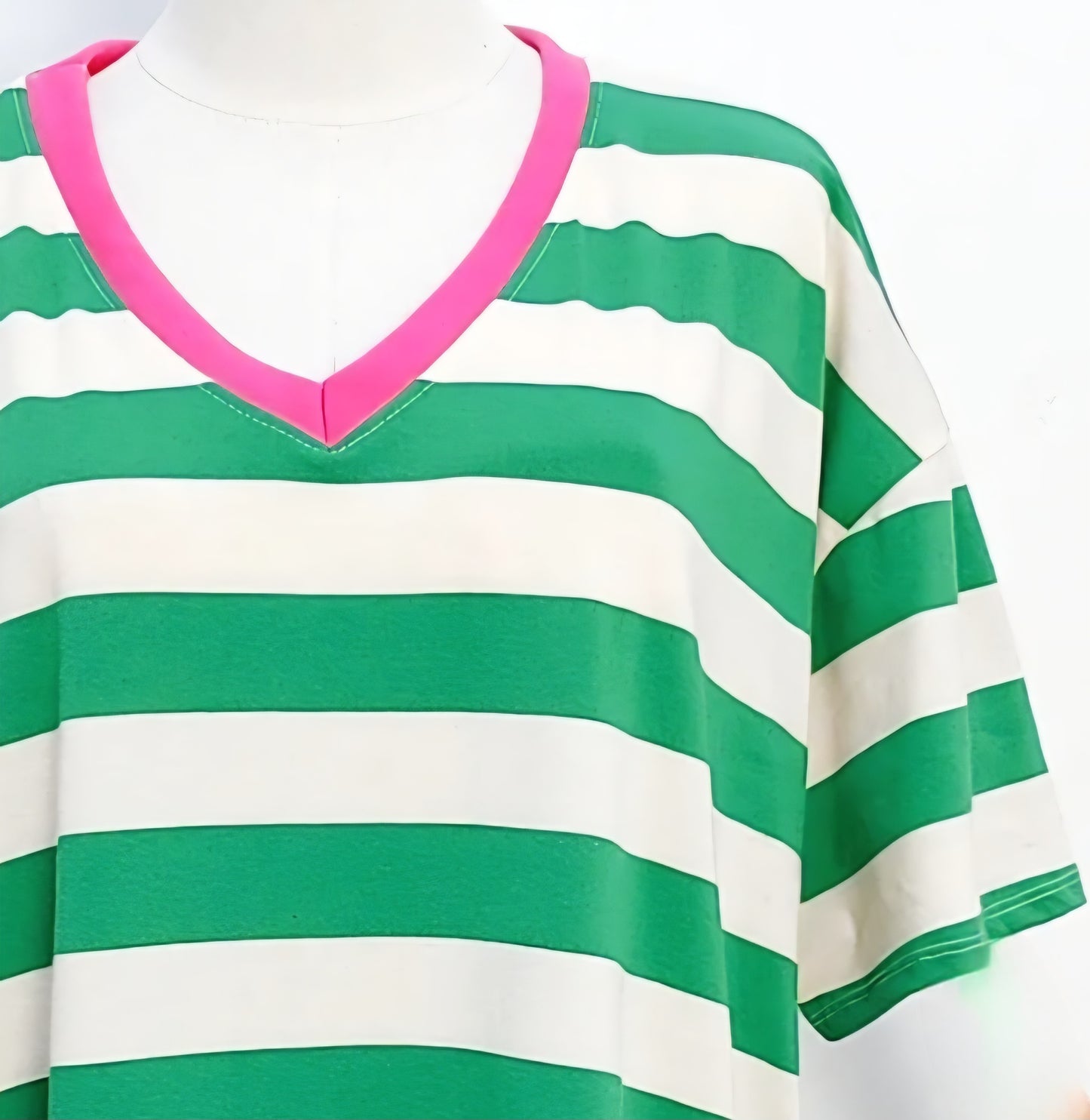 V neck, Cotton Striped T Shirt Dress with pockets.