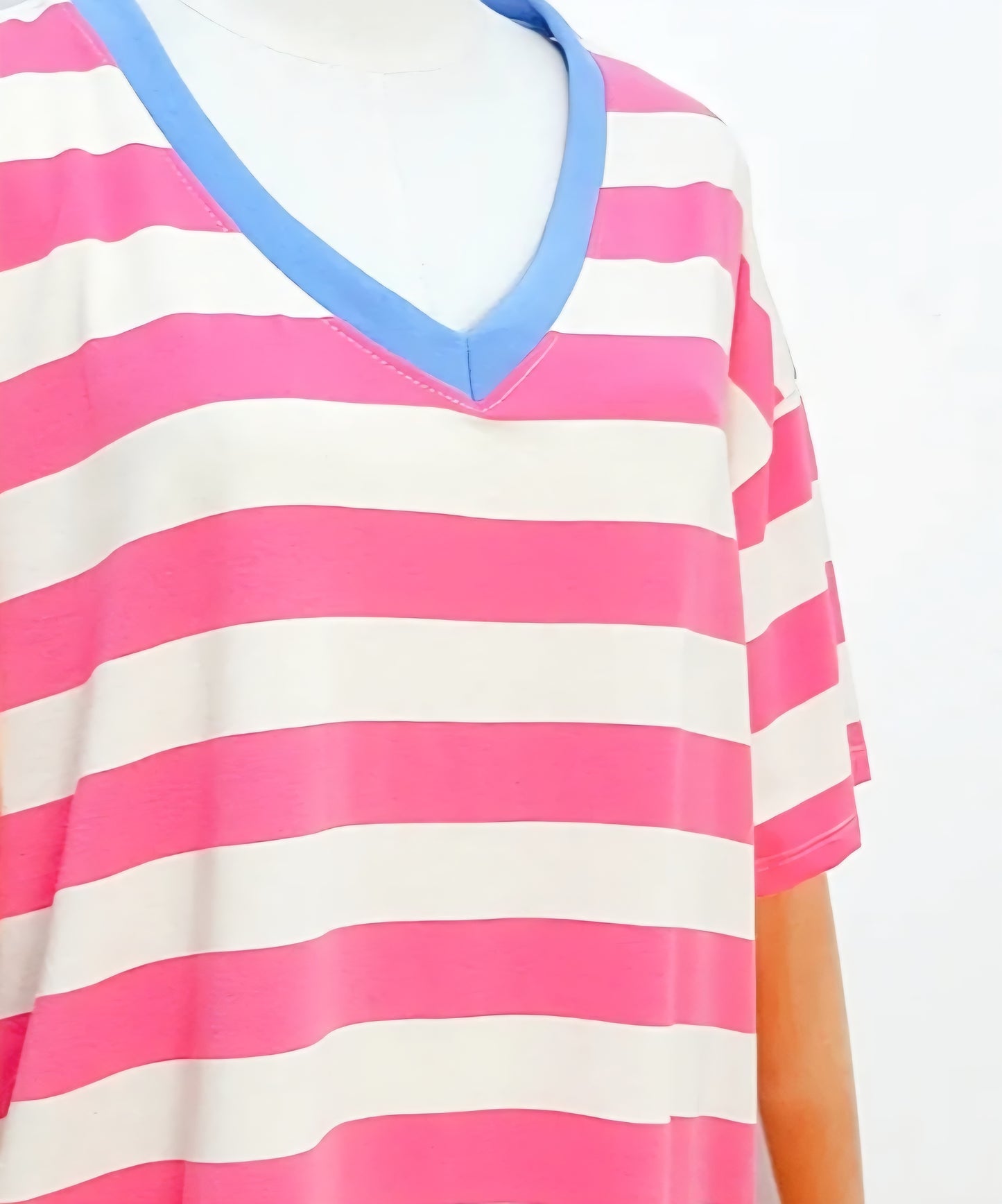 Pink & Ecru Stripe V Neck T Shirt Dress with pockets