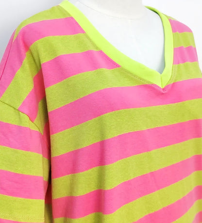 V Neck Cotton T shirt dress in Green and Pink Stripe