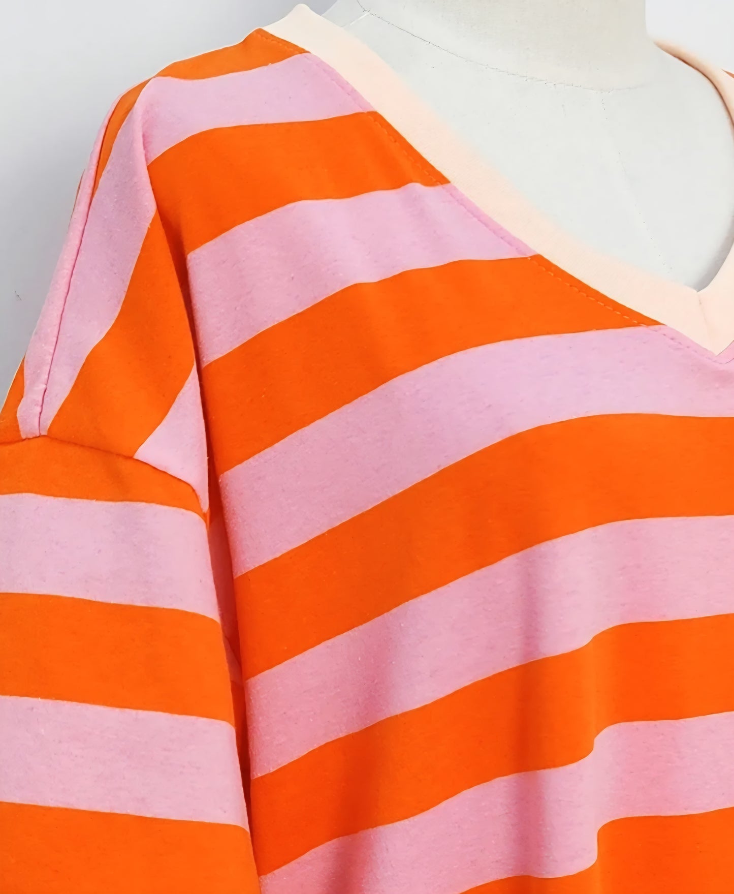 V neck Cotton T shirt Dress in Orange and Pink Stripe