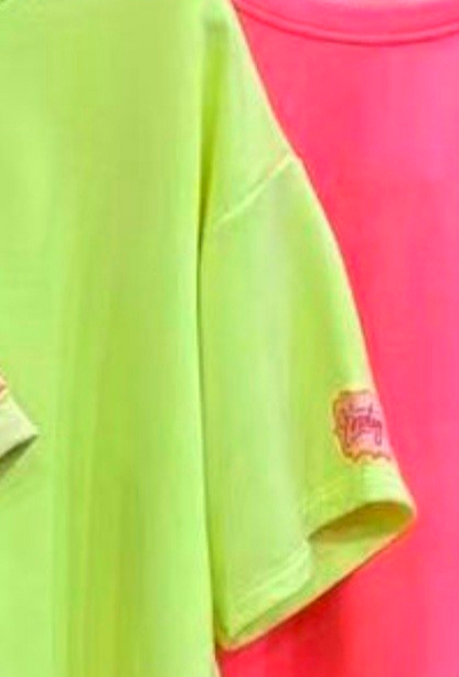 Neon Green Tee/Light Sweater. Short sleeve. Vintage logo on sleeve