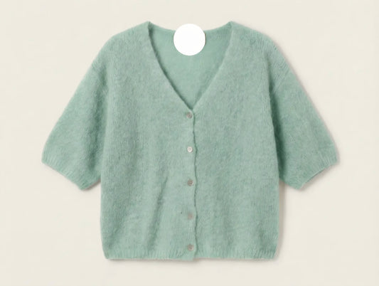 Sage Green Short Sleeve V Neck Cardigan in Kid Mohair and Wool