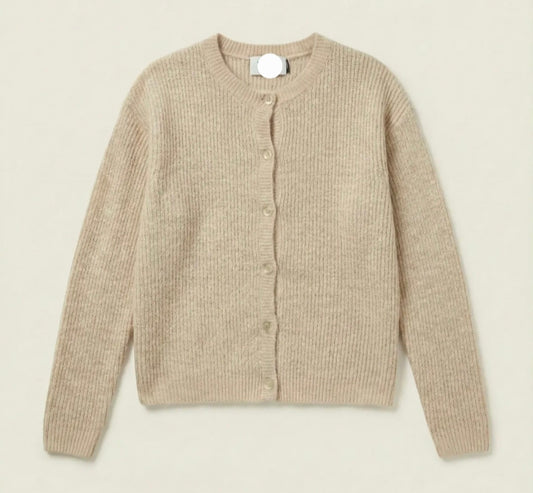 Oatmeal Beige Ribbed Cardigan in Alpaca and Wool Blend