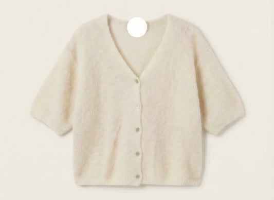 Winter White Kid Mohair & Wool V Neck, Short sleeve cardigan