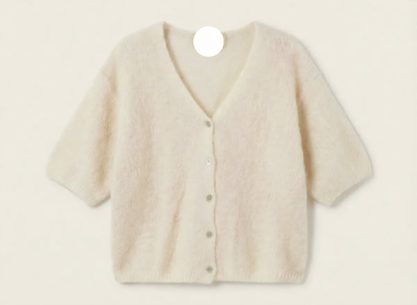Winter White Kid Mohair & Wool V Neck, Short sleeve cardigan