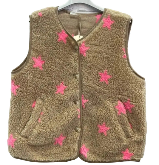 Camel Teddy Gilet with Pink Stars