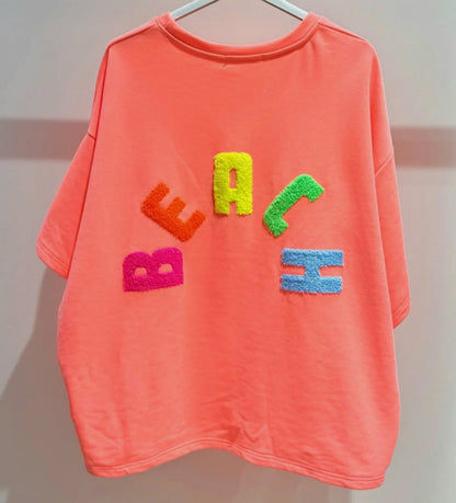 Neon Coral BEACH Short Sleeve Sweater