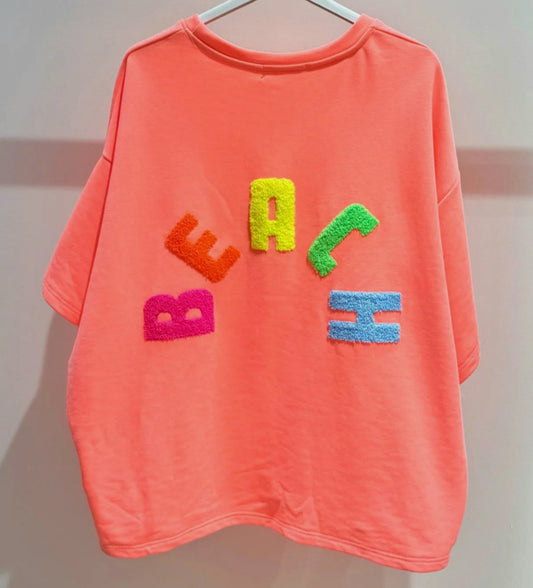 Neon Coral BEACH Short Sleeve Sweater