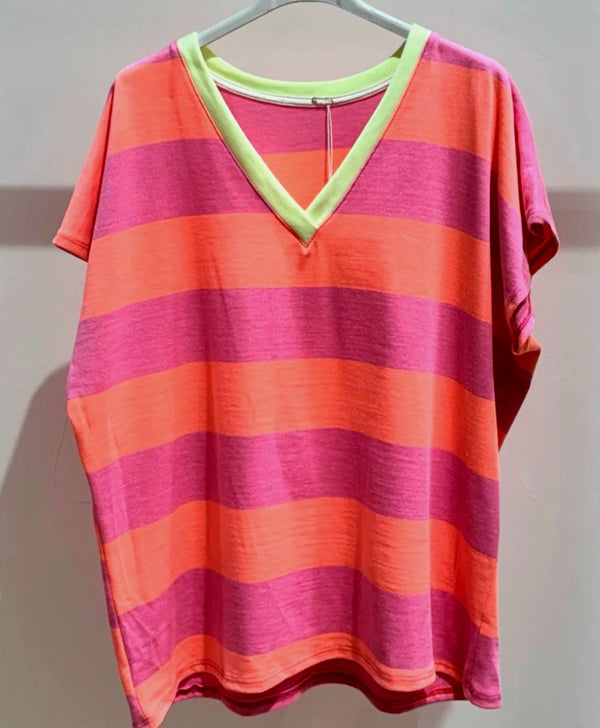 Striped Cotton V Neck T Shirt in Coral and Lilac Stripe with Neon Trim on V.