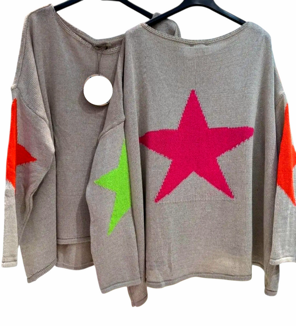 Beige Cotton Mix Knit Sweater with Neon Stars