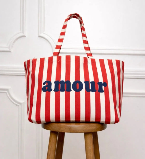 Amour Tote in Fushia & Cream Stripe and Navy Font