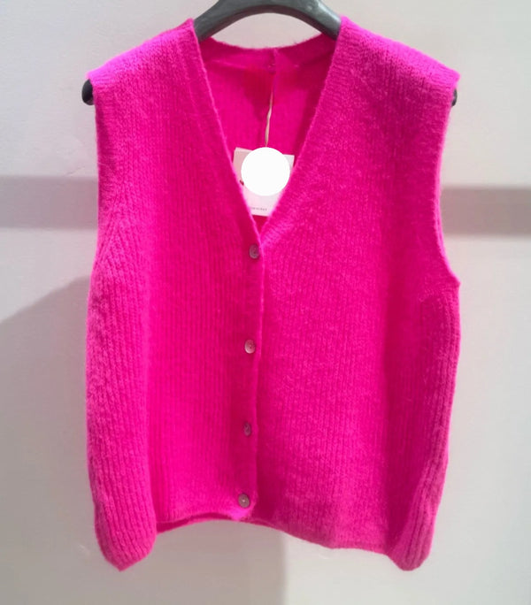 Neon Pink Superfine Alpaca and Wool Sleeveless V Neck cardigan