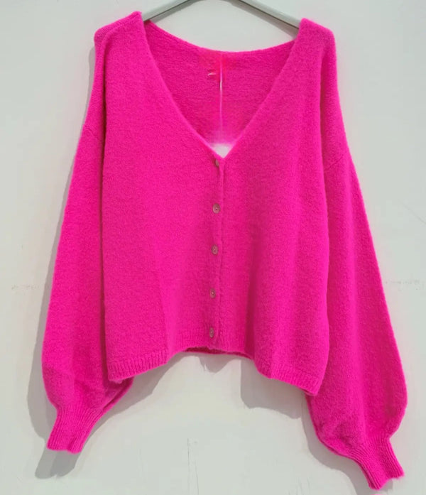 Neon Pink Superfine Alpaca & Wool Mix V Neck cardigan ( Pre Sale. Ships April 7th)