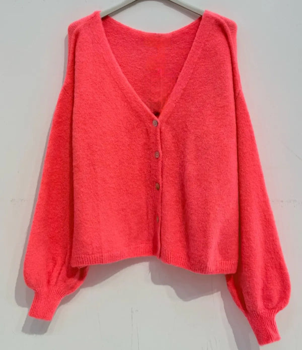 Neon Coral Superfine Alpaca & Wool blend, V Neck Cardigan. (Pre Sale. Ships April 7th)