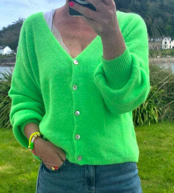 Neon Green V Neck Superfine Alpaca and Wool Cardigan