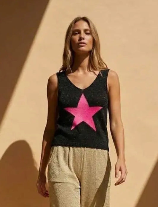 Women’s Metallic Star Intarsia Knit Tank- Metallic Black & Neon Pink