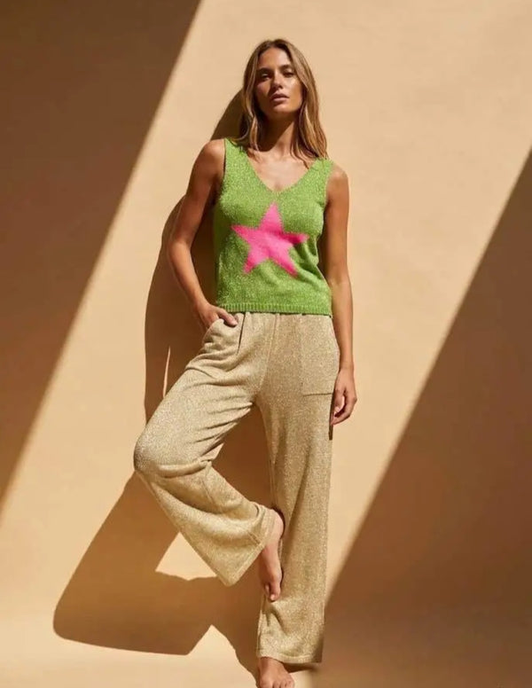 Women’s Metallic Star Intarsia Knit Tank- Metallic Lime & Neon Pink