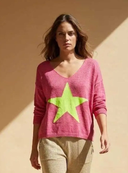 Women’s Metallic Star Intarsia Lightweight V-Neck Sweater in Pink & Neon Yellow