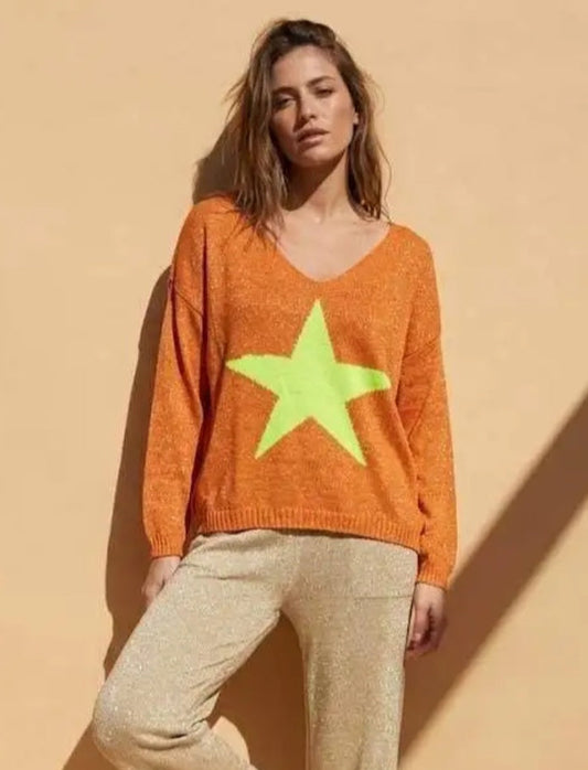 Women’s Metallic Star Intarsia Lightweight V-Neck Sweater in Orange & Neon Yellow