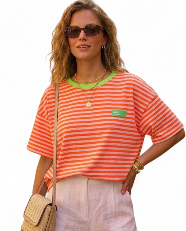 Sorbet Stripe Oversized Boyfriend Tee with Neon Trim