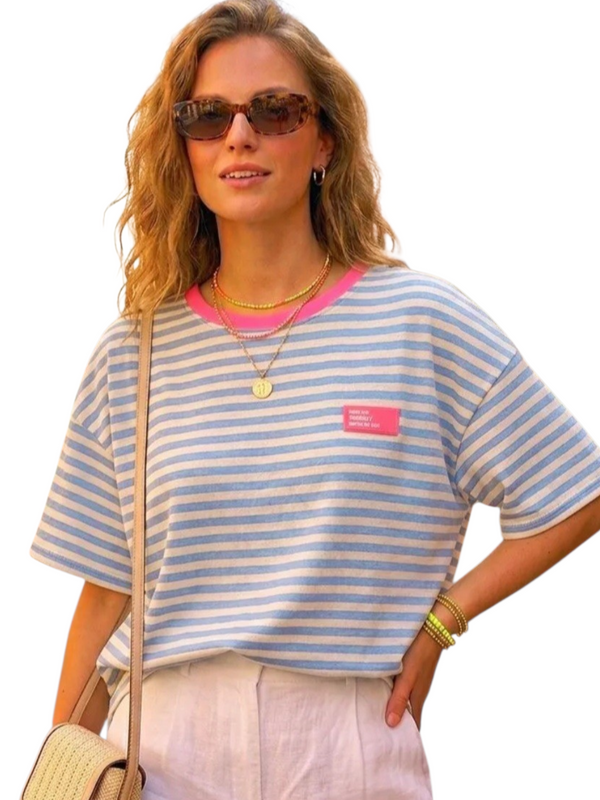 Cotton Candy Striped Tee with Neon Pink Trim