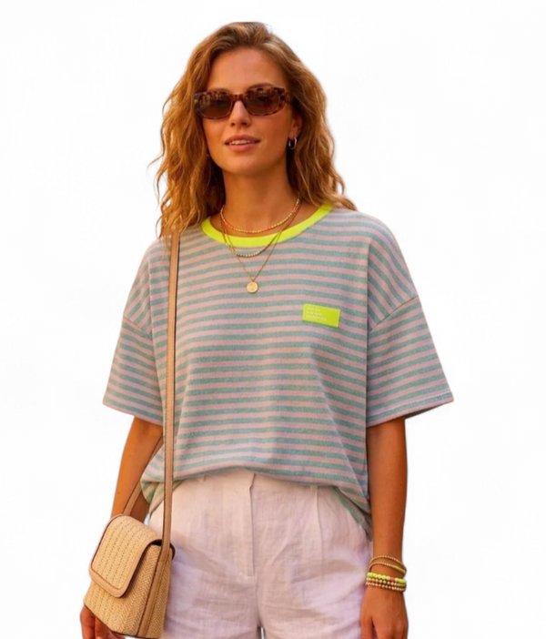 Seafoam & Lime Striped Oversized Tee with Neon Yellow Trim