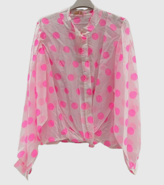Italian Neon Pink Polka Dot Sheer Blouse – Tencel Blend Lantern Sleeve Top ( Restocking)