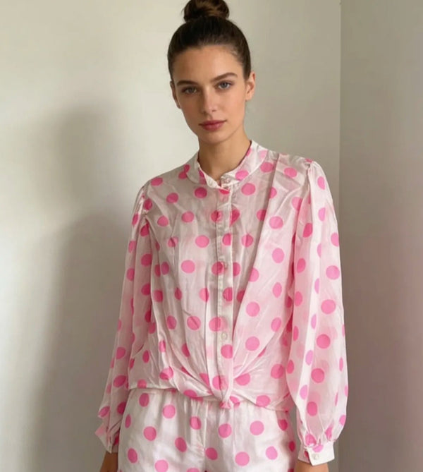 Italian Neon Pink Polka Dot Sheer Blouse – Tencel Blend Lantern Sleeve Top