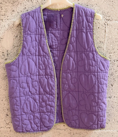 Lilac Quilted Heart Gilet with Neon Yellow Trim